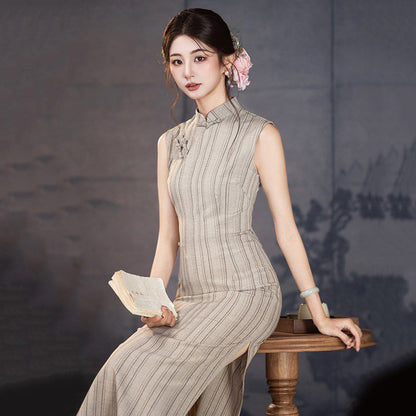 Short Sleeve Vertical Stripes Midi Cheongsam | Wenyi