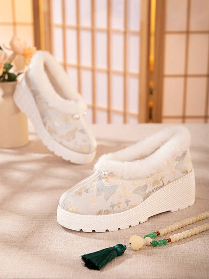 Mary - Furry Brocade Hanfu Shoes for Winter