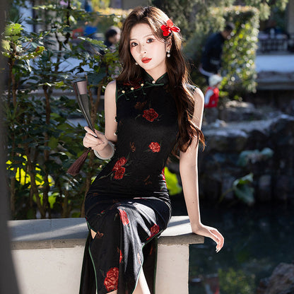Sleeveless Floral Long Cheongsam | Burgundy Rose