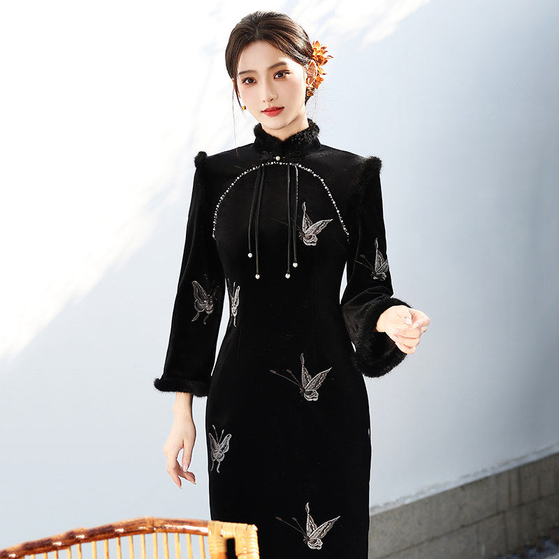 Long Sleeve Fur Trim Midi Qipao | Sliver Butterfly