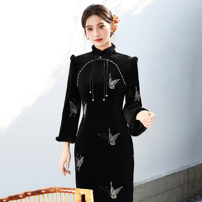 Long Sleeve Fur Trim Midi Qipao | Sliver Butterfly