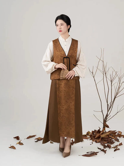 New Chinese Style Women Pipa Sleeve Shirt, Vest & Skirt Modern Hanfu Set - Liushu 琉珠 (Preorder)