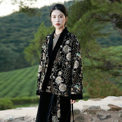 New Chinese Style Beaded Embroidery Cotton Padded Oversized Jacket and Velvet Spiral Skirt - Zhimian 知棉