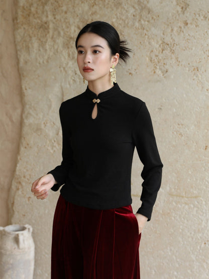 New Chinese Style Knitted Top in Black - Wind Bamboo