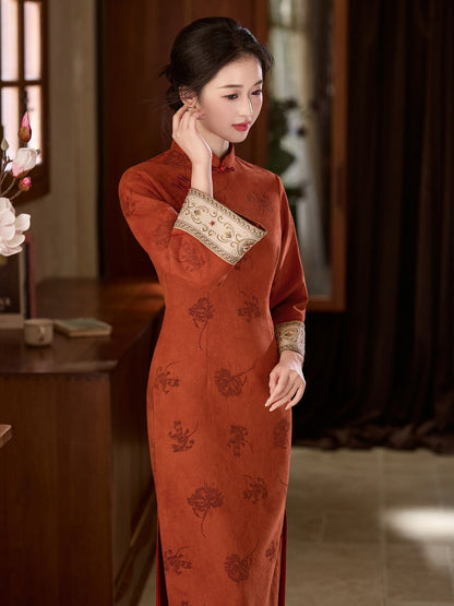 Patterned Long Sleeve Crimson Cheongsam | Vermilion Bird
