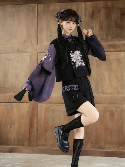 New Chinese Style Pipa Sleeve Top and Shorts - Yanmoyin 砚墨引