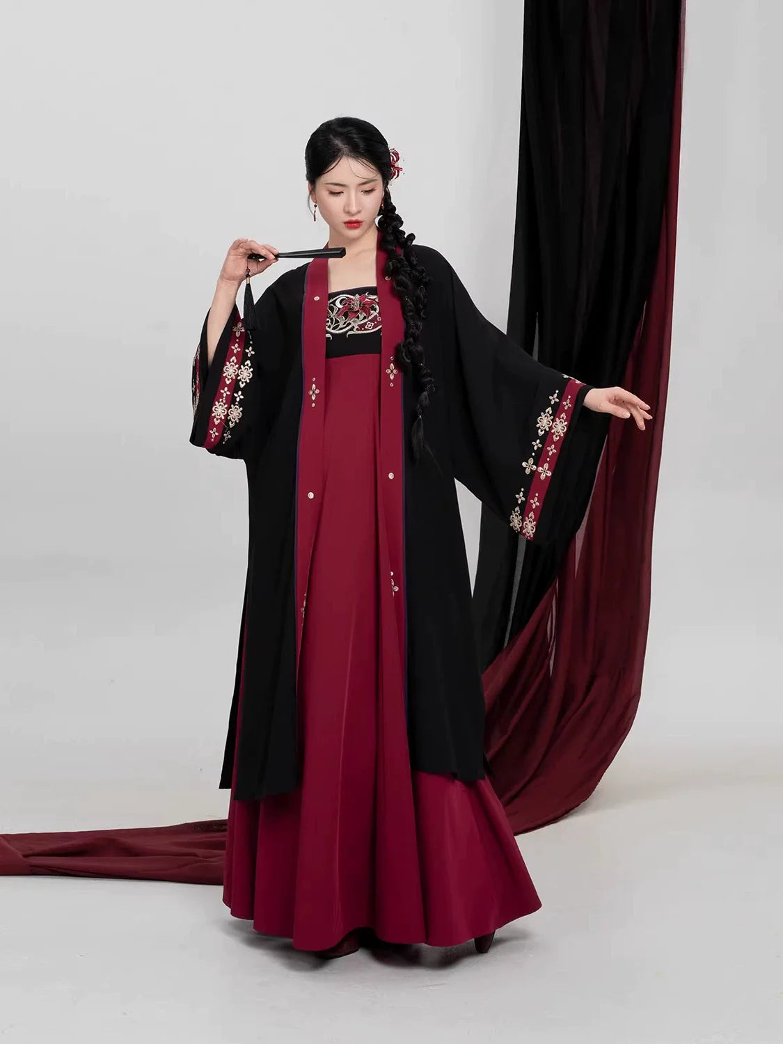 Tang Dynasty Modern Hanfu Set Changgan Temple Beizi and Slip Dress - Crimson Scarlet 绛百合 (Preorder)
