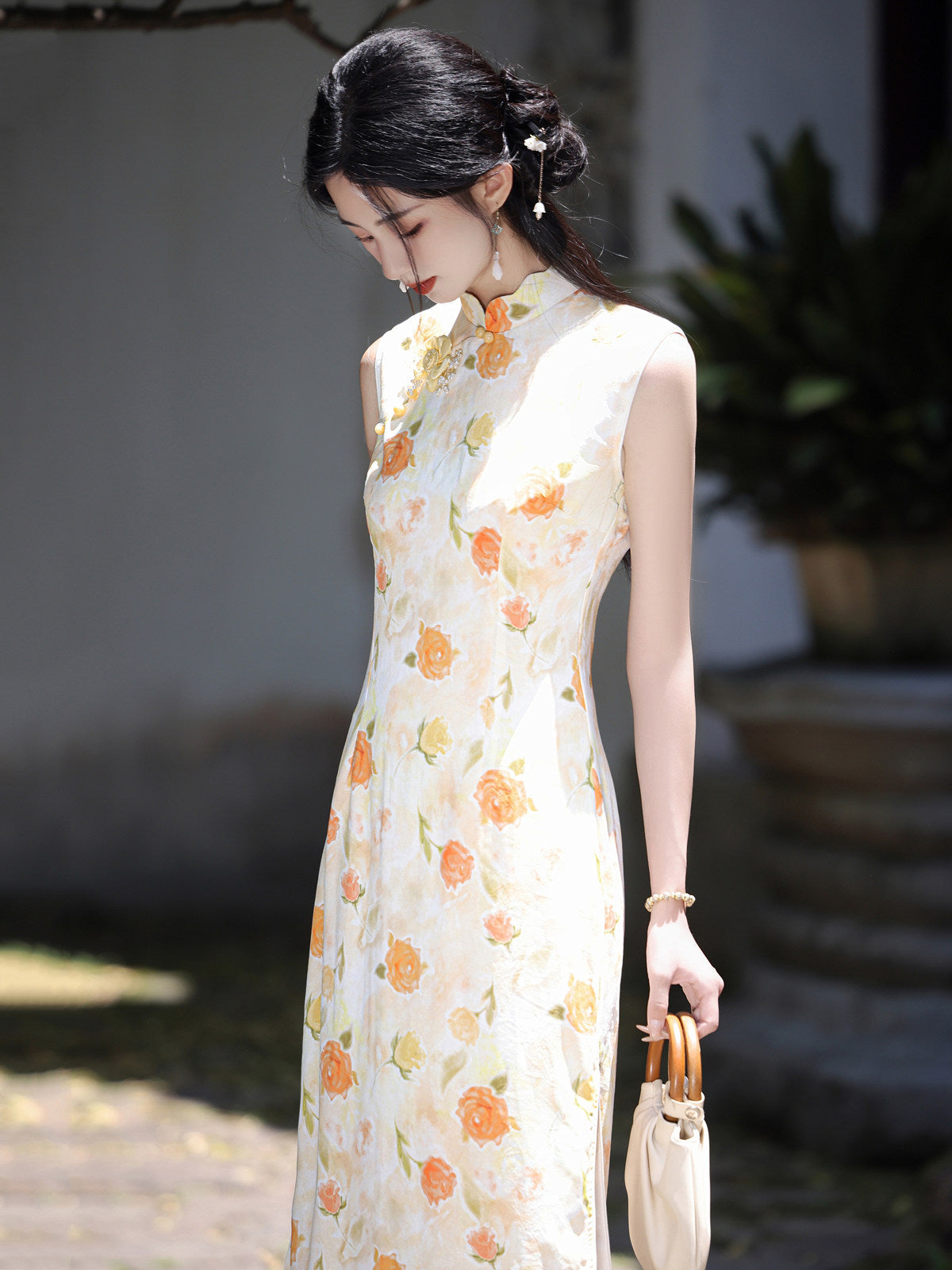 Sleeveless Floral Midi Cheongsam | Orange Blossoms