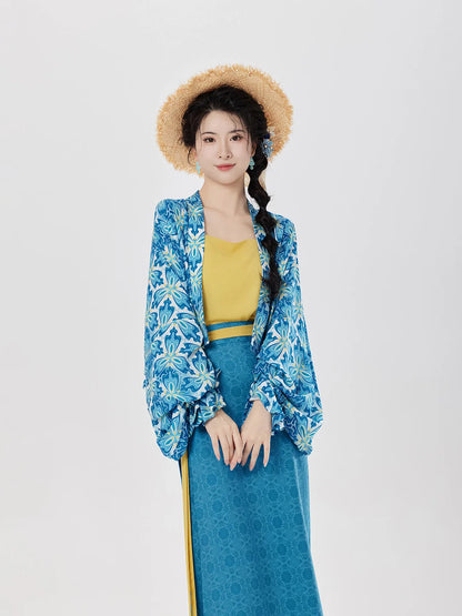 Song Dynasty Modern Hanfu Set with Famen Temple Beizi and Spiral Skirt - Coconut Wind Forest 椰风林 (Preorder)