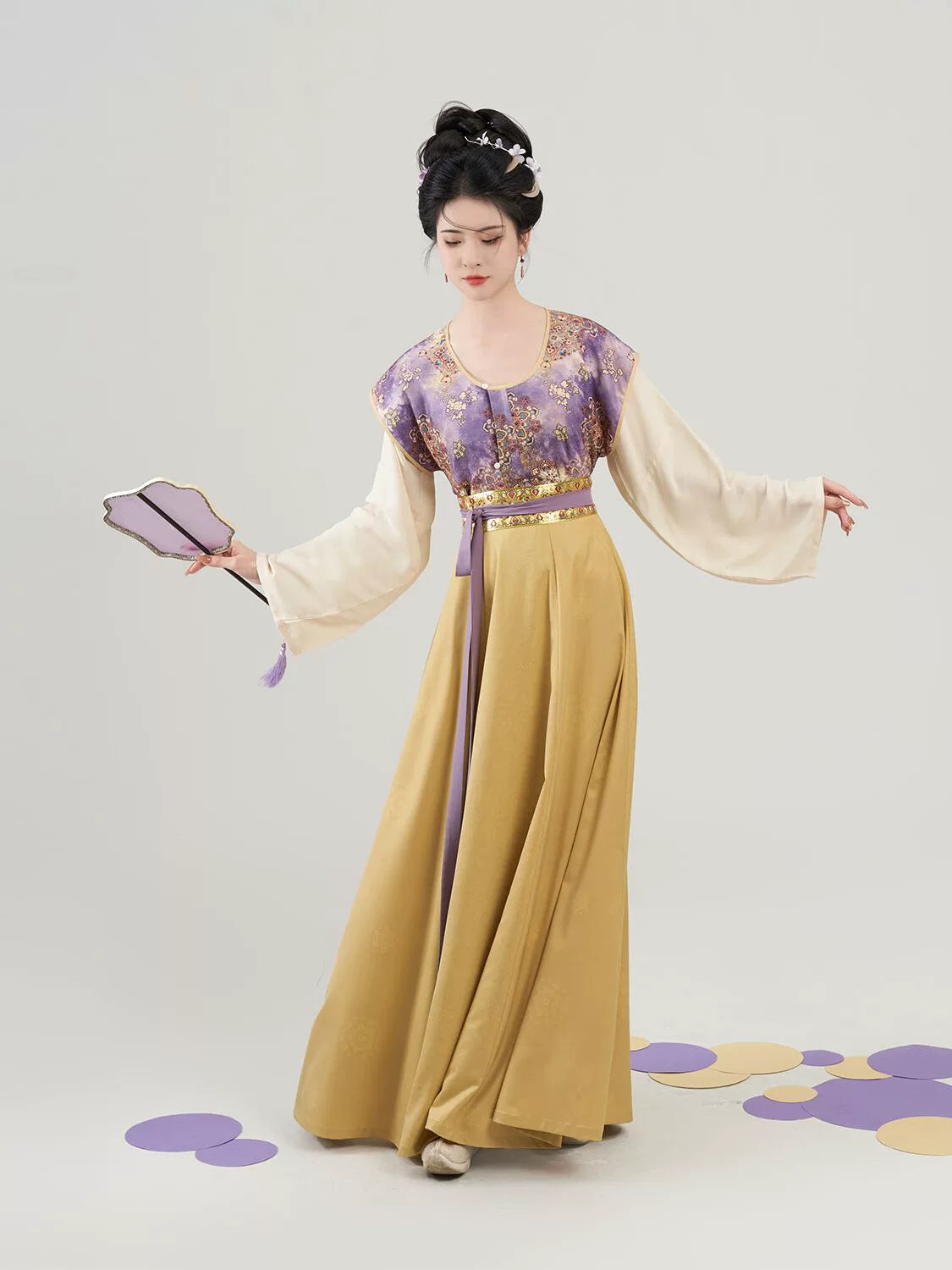 Tang Dynasty Modern Hanfu Set with Beizi Overlay & Flowing Eight-Panel Skirt - Taro Paste Egg Yolk 芋泥蛋黄 (Preorder)