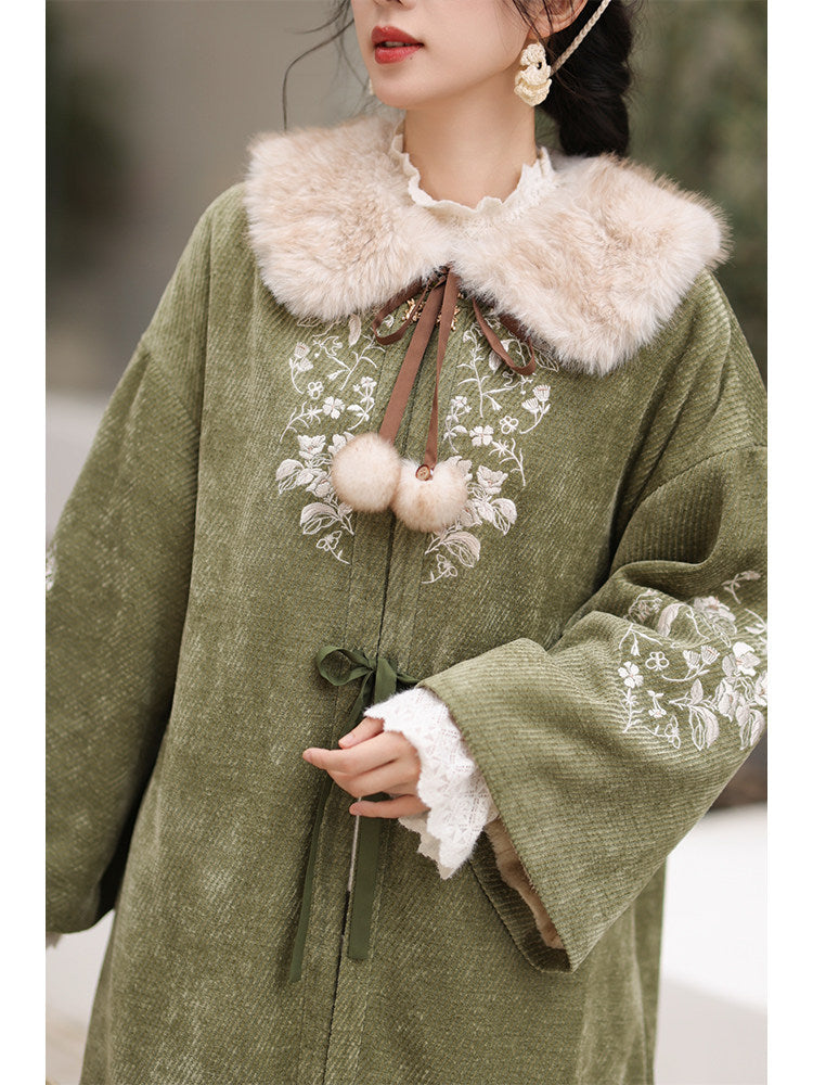 New Chinese Style Mid Length Jacket with Faux Fox Fur Collar - Matsuba Tea 松间茶 (Preorder)