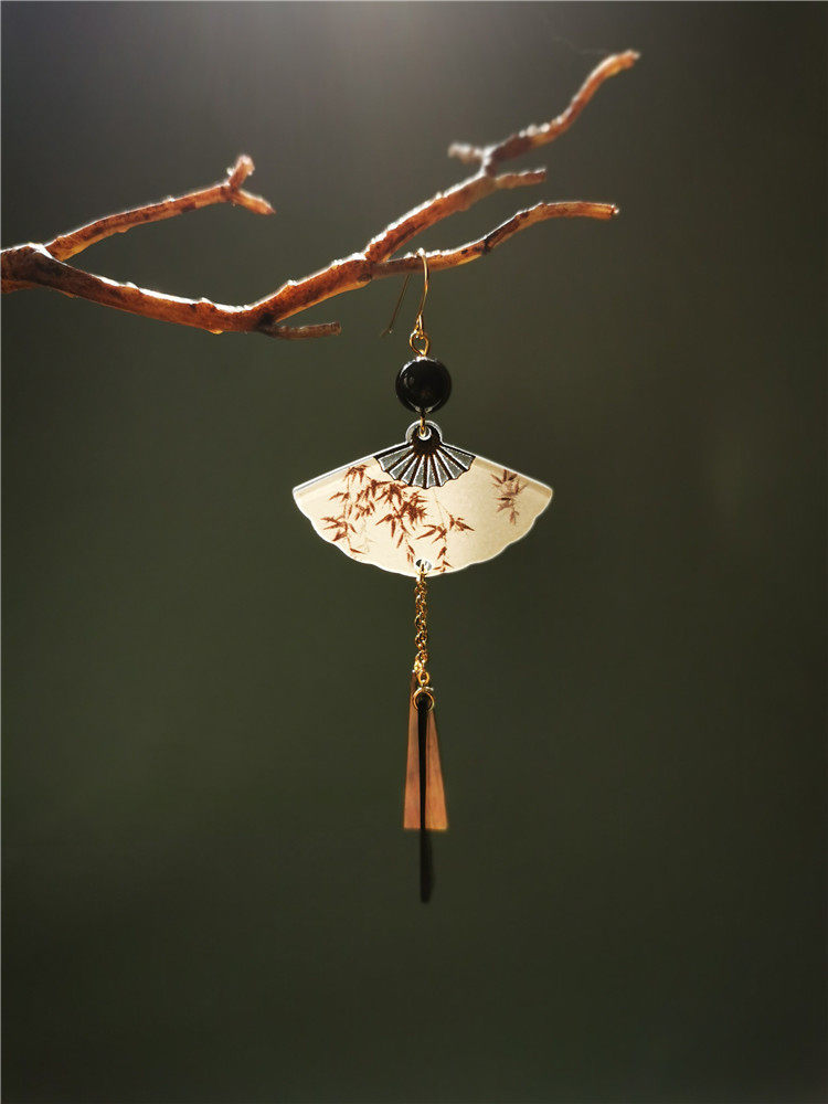 Ink Leaves Fan Shaped Earrings | Cheongsam Jewelry