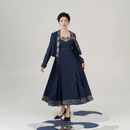 New Chinese Style Women Peony Embroidered Silver Woven Outer Jacket & Mamian Slip Dress - Yinlin 银霖 (Preorder)