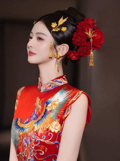 Phoenix Bloom - Chinese Bridal Hair Accessories Set Luxury Gold Dragon Phoenix Tassel Hairpins for Xiuhe and Qun Kwa Wedding Dress