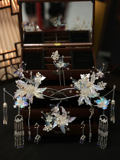 Winter Moonlit Blue Veil - Blue Floral Bridal Hairpin Ancient Style Hair Accessories for Hanfu and Wedding Dress