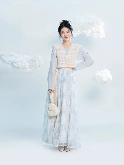 Tang Dynasty Modern Hanfu Set with Beizi Overlay & Pleated Wrap Skirt - Little Blue Flower 小蓝花 (Preorder)