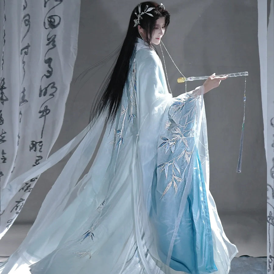 Winters Noble Trio 岁寒三友 - Blue Flowing-Sleeve Cross-Collar Hanfu for Men (Preorder)