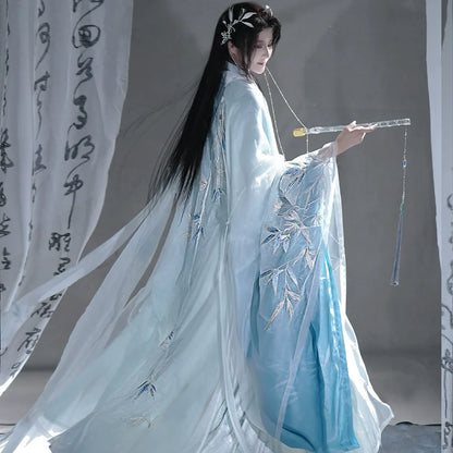 Winters Noble Trio 岁寒三友 - Blue Flowing-Sleeve Cross-Collar Hanfu for Men (Preorder)
