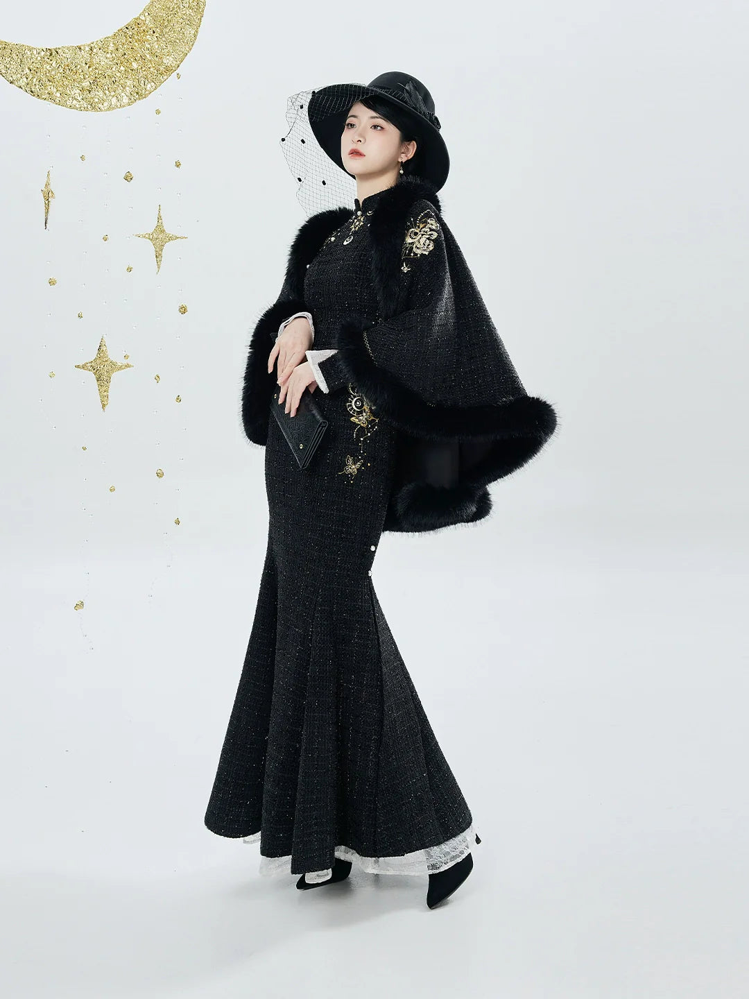 New Chinese Style Embroidered Cloak Qipao Mermaid Dress - Sun and Moon 日月同姝 (Preorder)