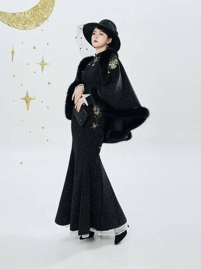 New Chinese Style Embroidered Cloak Qipao Mermaid Dress - Sun and Moon 日月同姝 (Preorder)