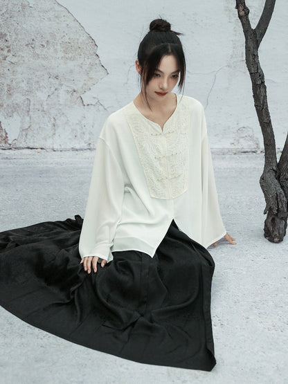 New Chinese Style V Neck Chiffon Lace Embroidered Long Sleeve Top - Symplocos 山矾