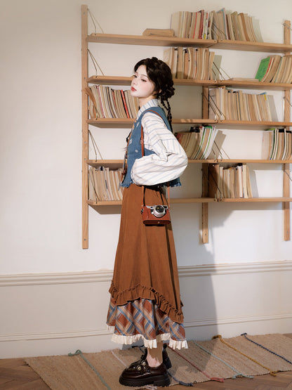 New Chinese Style Long Sleeve Top and Elastic Skirt with Pockets - Sea Salt Mocha 海盐摩卡