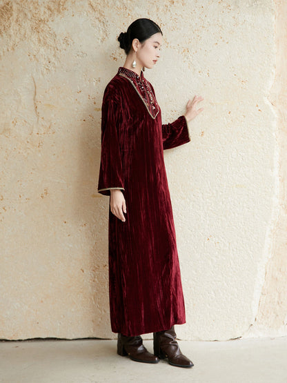 Festive Embroidered Velvet Dress for Engagement, Tea Ceremony or Chinese New Year - Soft Sunset 浅霞