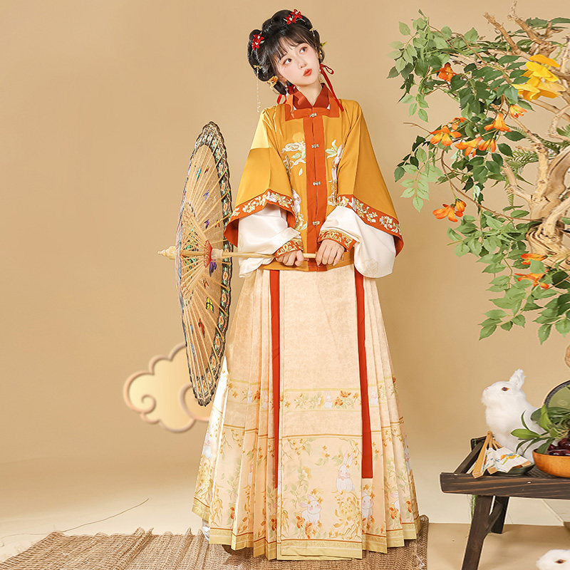 Ming Dynasty Embroidered Square Collar Jacket & Printed Mamian Skirt | Money Rabbit 钱兔