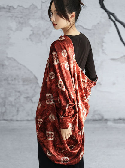 New Chinese Style Autumn Orange Red Print Loose Bat Sleeve Velvet Jacket