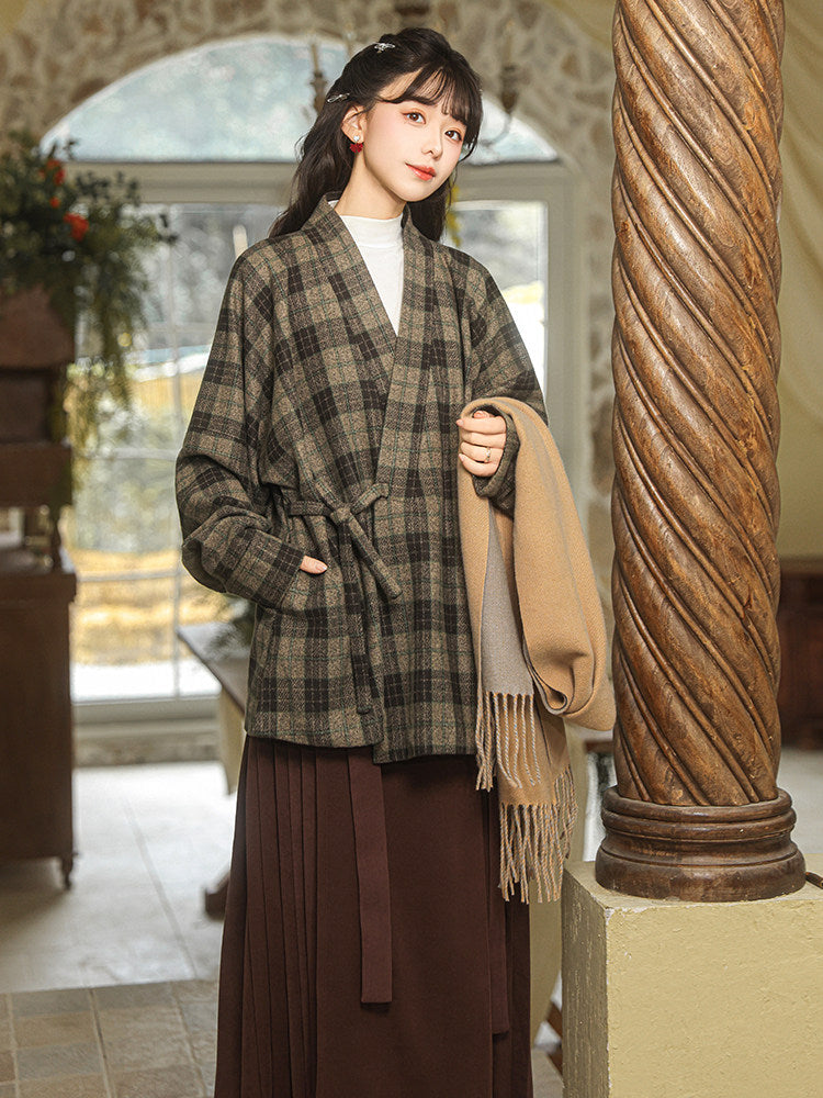 Modern Hanfu Cross Collar Plaid Jacket for Autumn and Winter - Warm Sun 暖阳