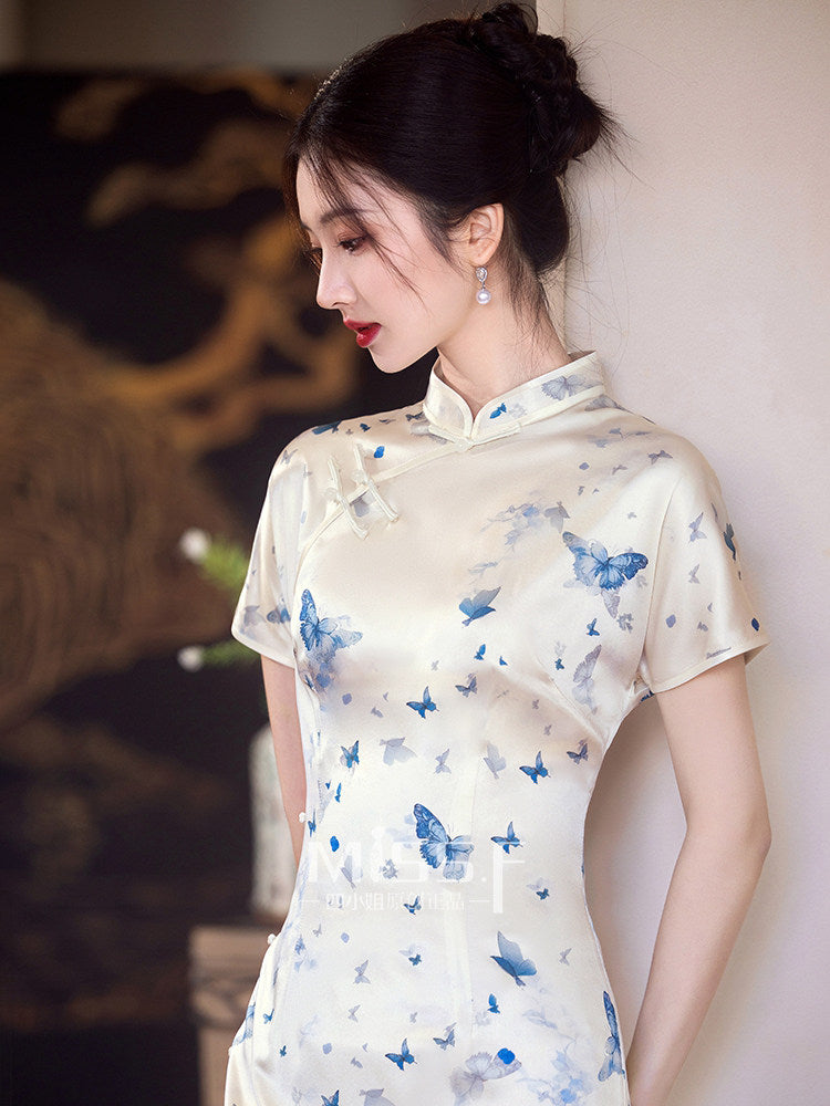 Short Sleeve Butterfly Long Cheongsam | Late Dream