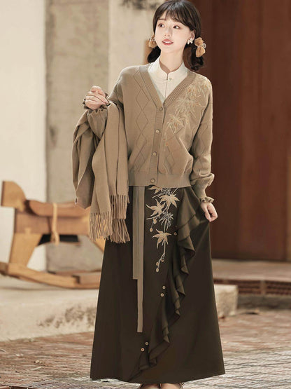 New Chinese Style Knitted Cardigan and Skirt - Late Autumn Date 枫亭晚