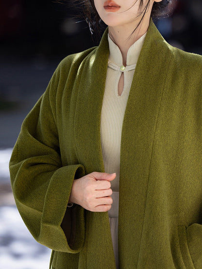 Song Dynasty Modern Hanfu Jacket and Wide Leg Pants for Autumn and Winter - Moss Green 苔藓绿 (Preorder)