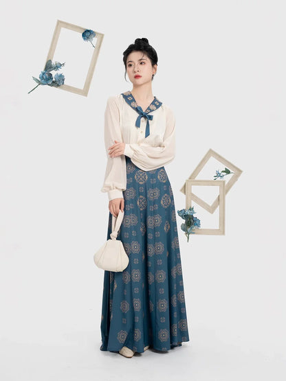 Tang Dynasty Modern Hanfu Set with Beizi Overlay & Flowing Nine-Panel Skirt - Dailan 黛蓝 (Preorder)