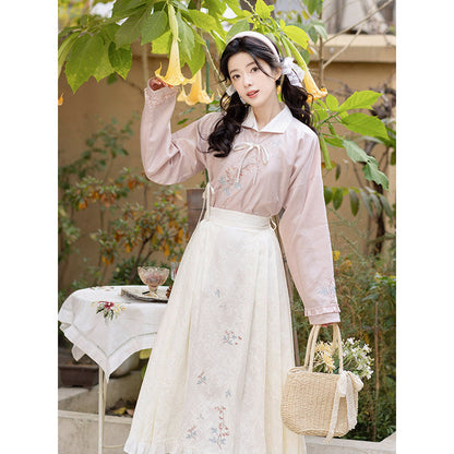 Ming Dynasty Lapel Tencel Short Shirt and Elastic Mamian Skirt - Fish Peony 鱼儿牡丹 (Preorder)