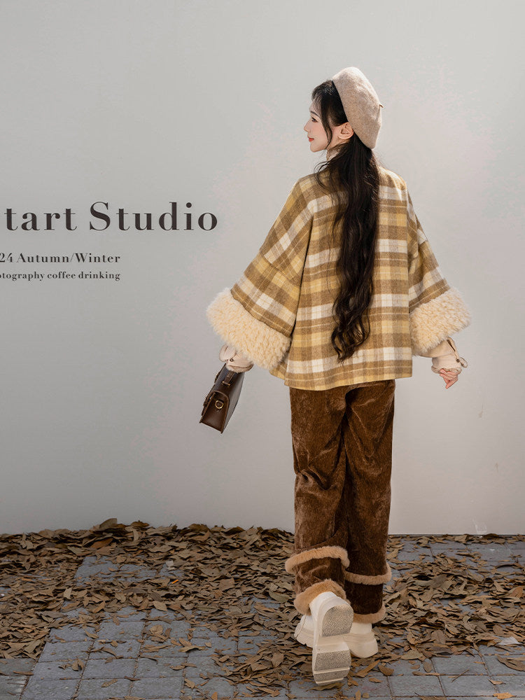 Ming Dynasty Modern Hanfu Wool Blend Plaid Jacket and Wide Leg Pants - After Class 下课后