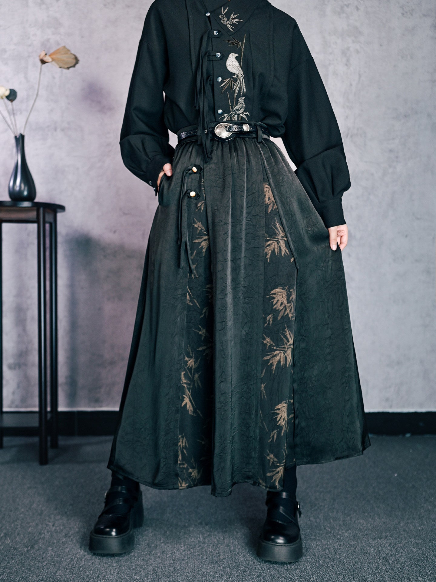New Chinese Style High Waist Bamboo Print Skirt - Bamboo Shadow 竹影