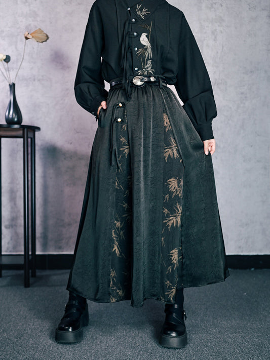 New Chinese Style High Waist Bamboo Print Skirt - Bamboo Shadow 竹影