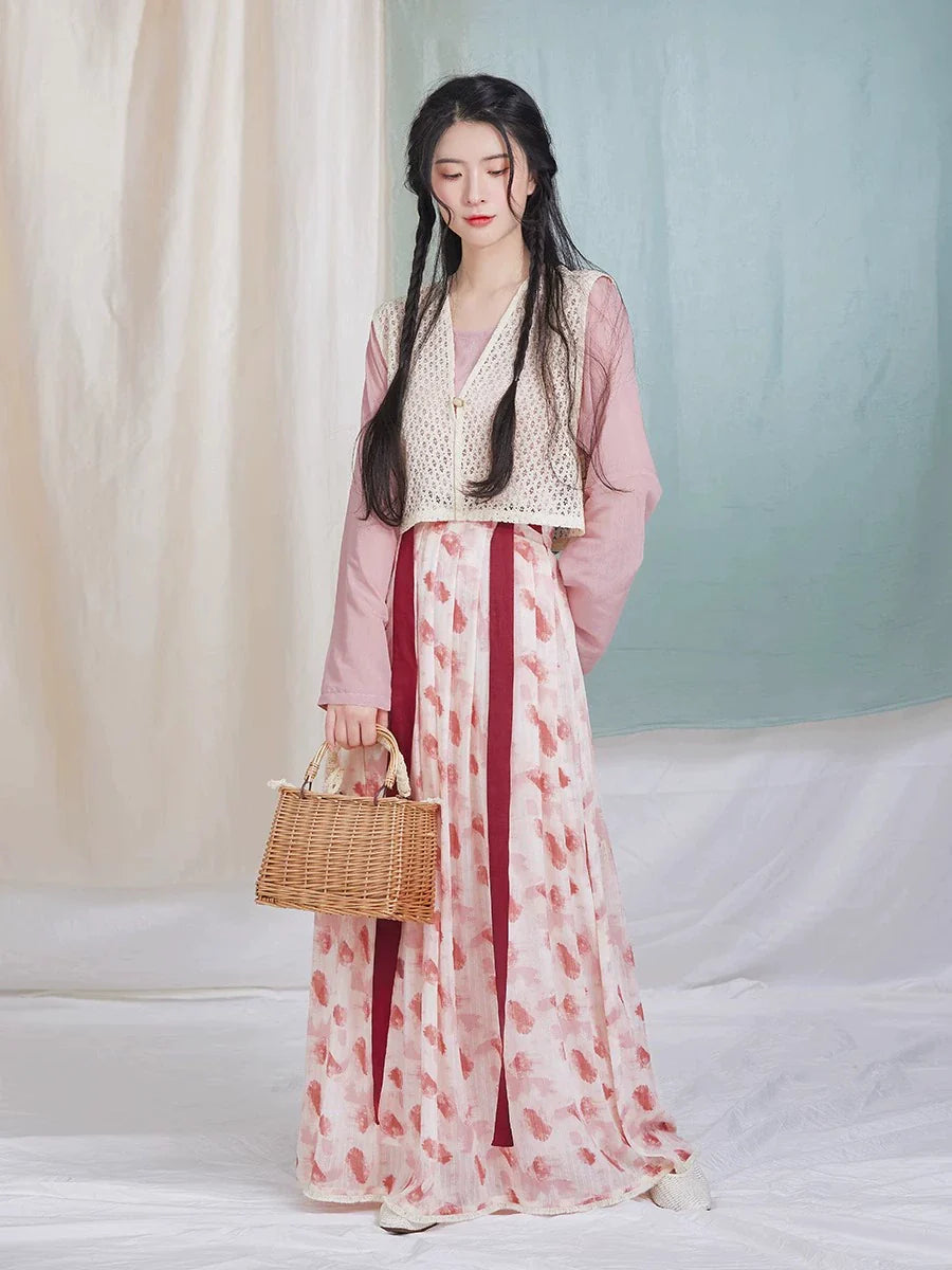 Tang Dynasty Modern Hanfu Set with Beizi Overlay & Pleated Wrap Skirt - Raspberry 树莓 (Preorder)