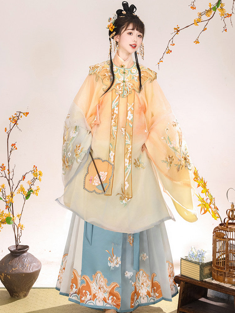 Ming Dynasty Embroidered Robe & Printed Mamian Skirt | Cloud Mirror 云外镜