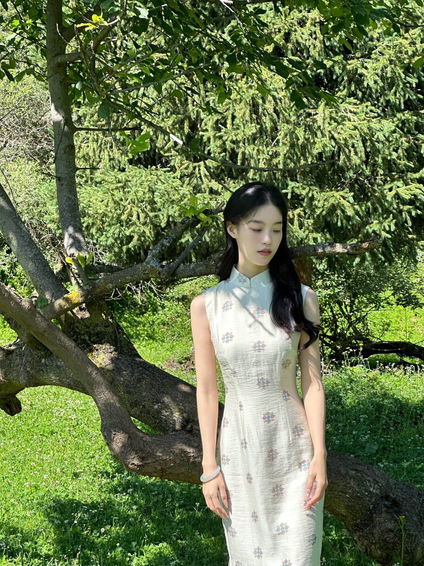 Sleeveless Tencel Hemp Long Cheongsam | Qumu