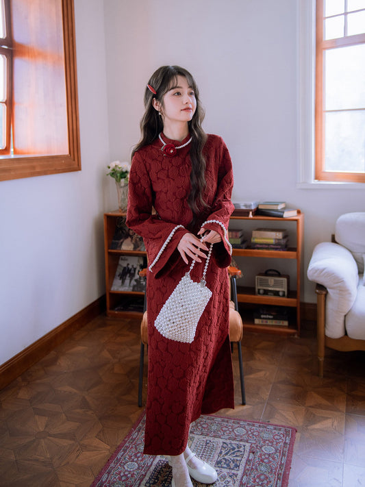 Long Sleeve Long Cheongsam with Pearls | Jinse