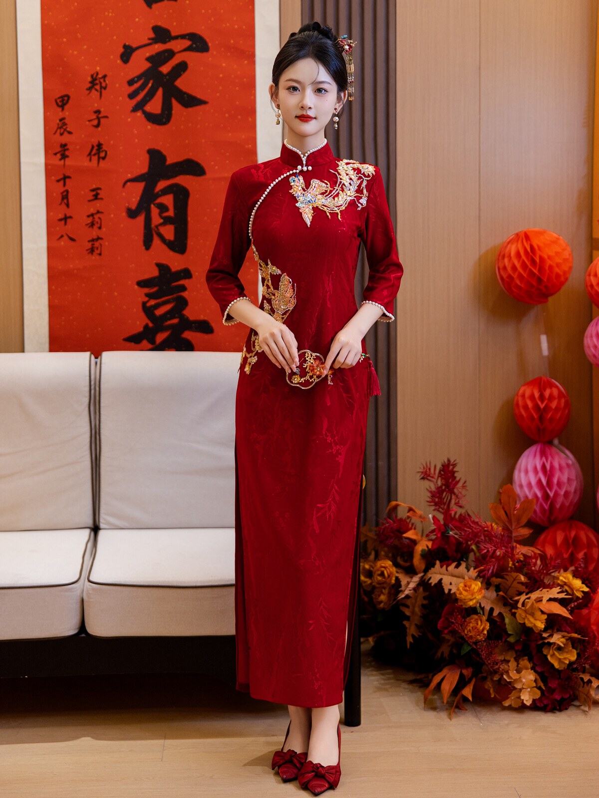 Chinese Wedding Engagement & Tea Ceremony Short Sleeve Cheongsam | Magpie Bridge