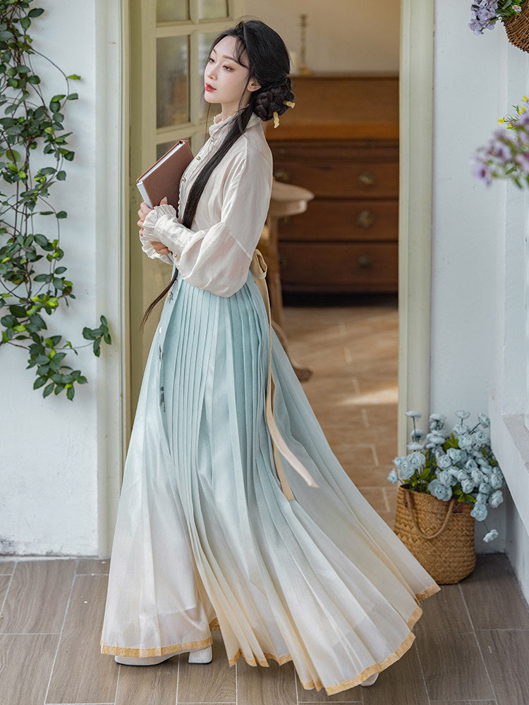 New Chinese Style Long Sleeve Top and Gradient Embroidered Mamianqun Set - Pear Blossom Song 梨花曲