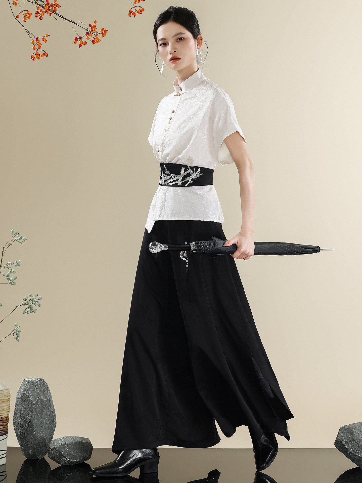 New Chinese Style Mandarin Collar Shirt & Wide-Leg Trousers Three-Piece Set