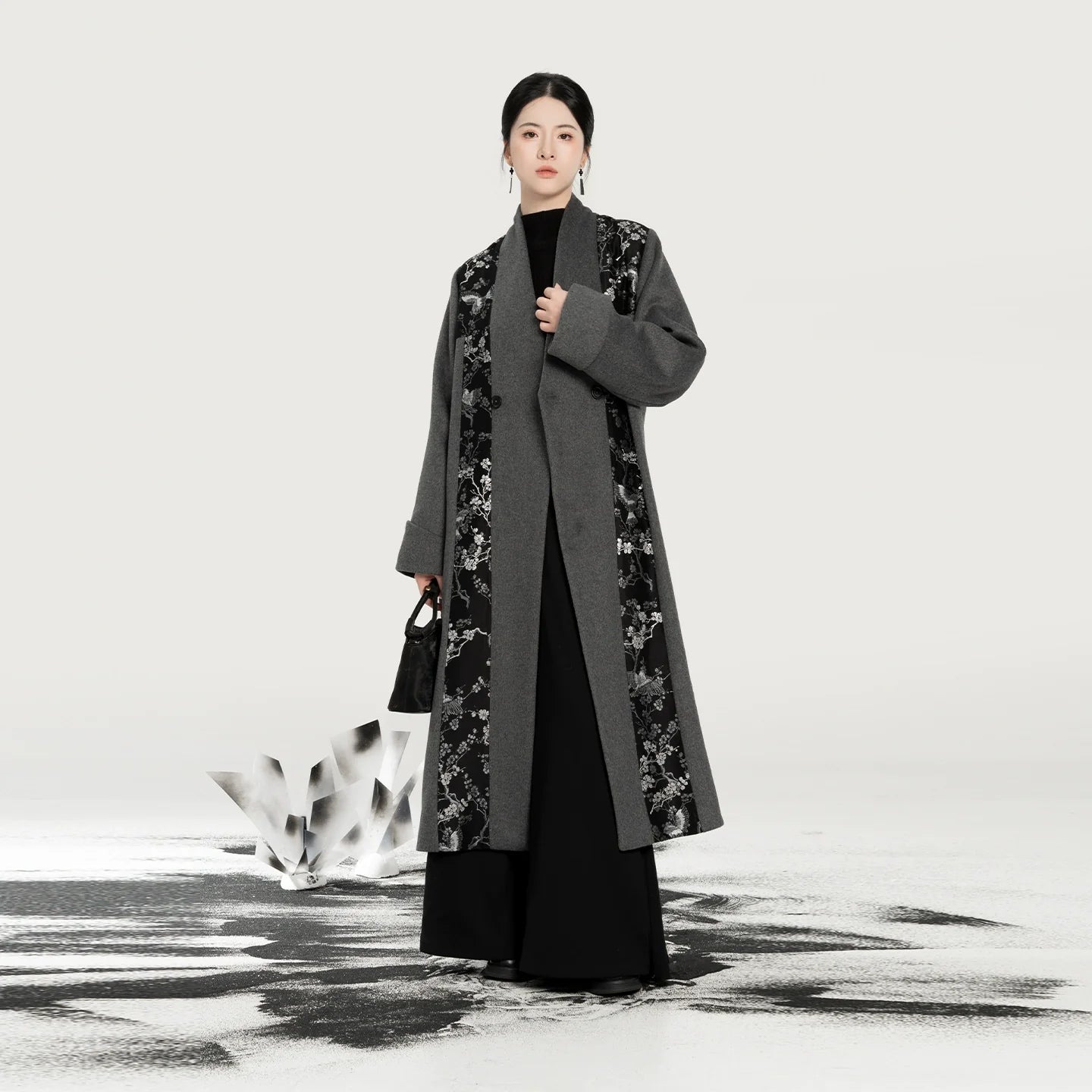 New Chinese Style Wool Coat Magpie & Plum Blossom Silver Woven Overcoat - Hanzhi 寒至 (Preorder)