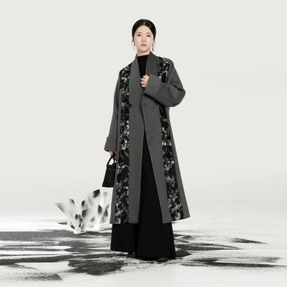 New Chinese Style Wool Coat Magpie & Plum Blossom Silver Woven Overcoat - Hanzhi 寒至 (Preorder)