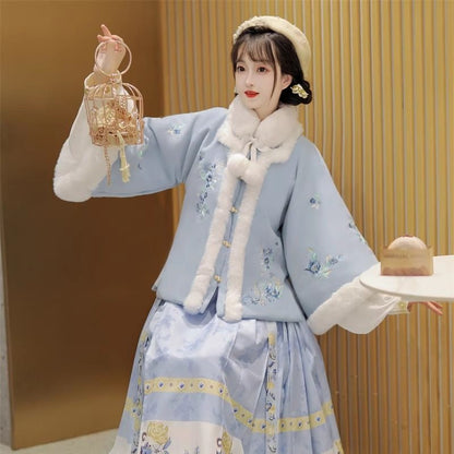 Ming Dynasty Embroidered Fleece Square Collar Jacket & Printed Mamian Skirt | Lanting 兰亭