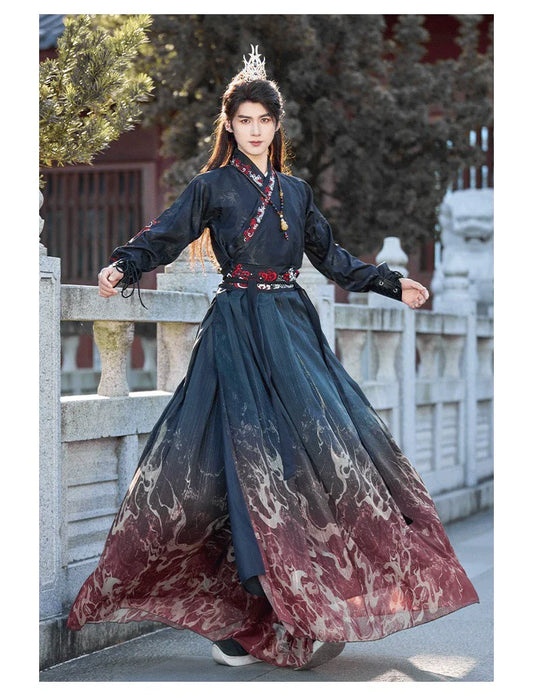 Crimson Flame - unisex Wei-Jin style hanfu robe with cross collar, men's hanfu — detail view