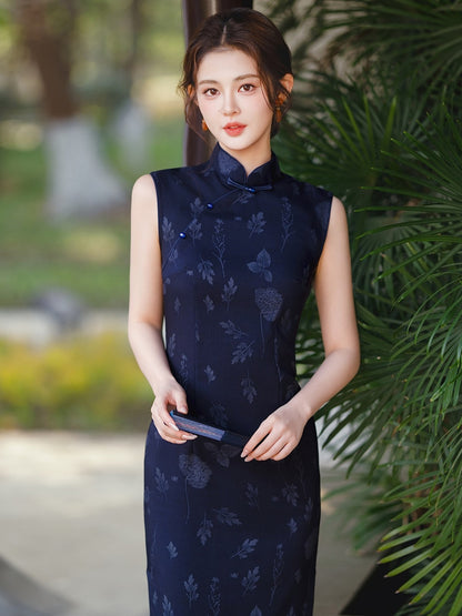 Sleeveless Floral Midi Cheongsam | Deep Sea